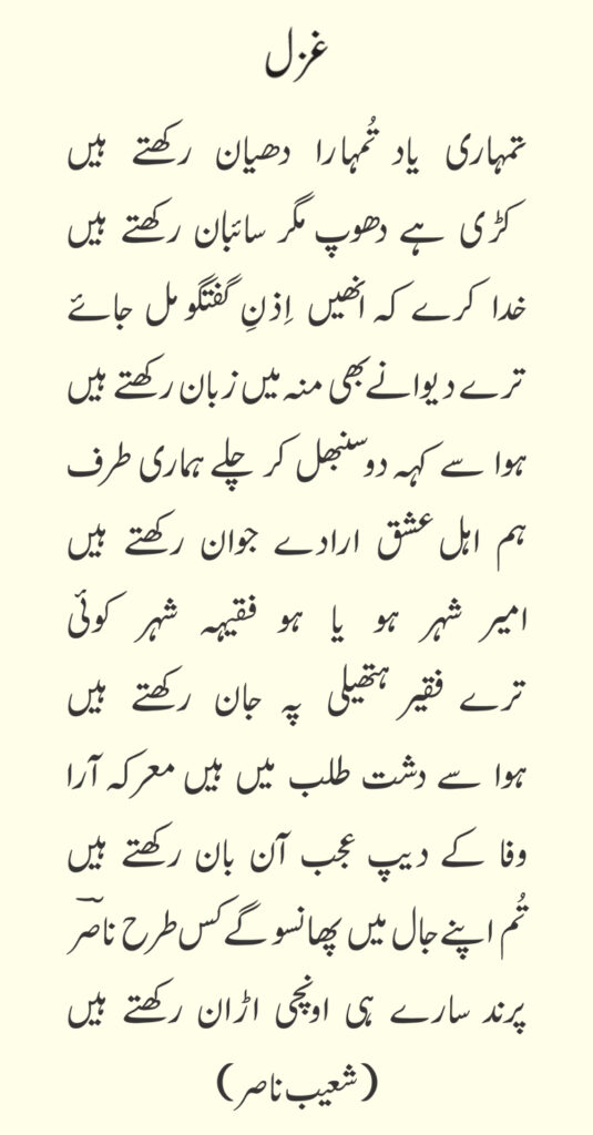 shoaib nasir poetry
تمہاری یاد تمہارا دھیان رکھتے ہیں
کڑی ہے دھوپ مگر سائبان رکھتے ہیں
شعیب ناصر 
Tumhari yaad, tumhara dehan rakhte hen